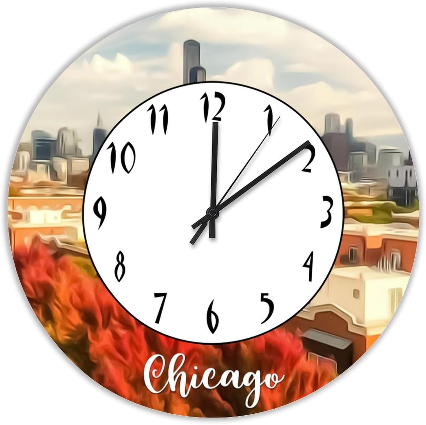Chicago Decorative Wood Wall Clock for Kitchen Dining Room Home Decoration Chicago Scenery Cityscape Silent Non-Ticking Battery Operated Hanging Wooden Clock 12 Inch