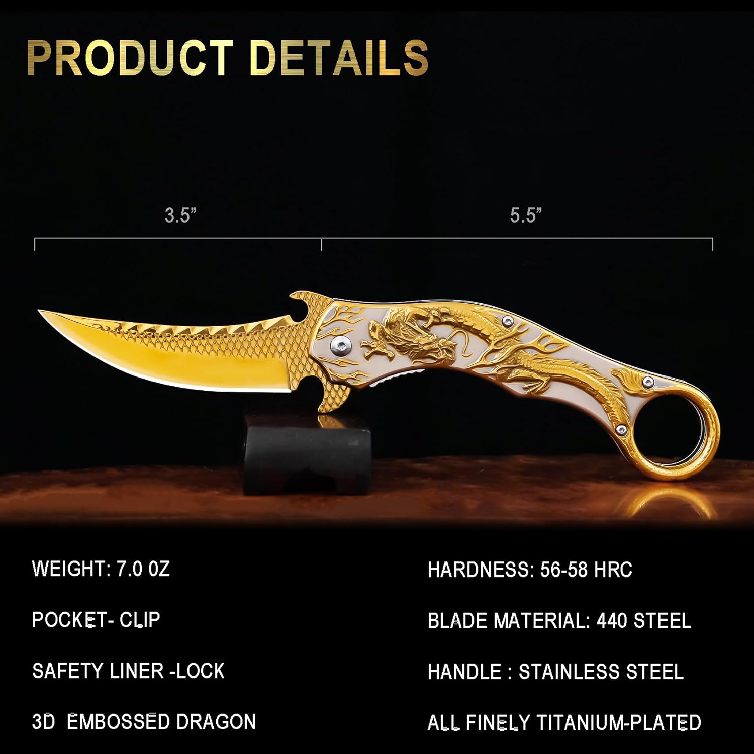 Pocket Knife, Cool Embossed 3D dragon Folding Knife, Great Gift Edc Knives For Men Women Outdoor Survival Camping Hiking (Gold) - Image 4