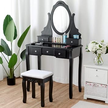 Vanity Table Set, Wooden Dressing Table with Oval 360 Rotating Mirror, 5 Storage Drawers, Painted Finish, Vanity Makeup Table with Padded Stool Seat, Detachable Table Top, Easy to Assemble Black