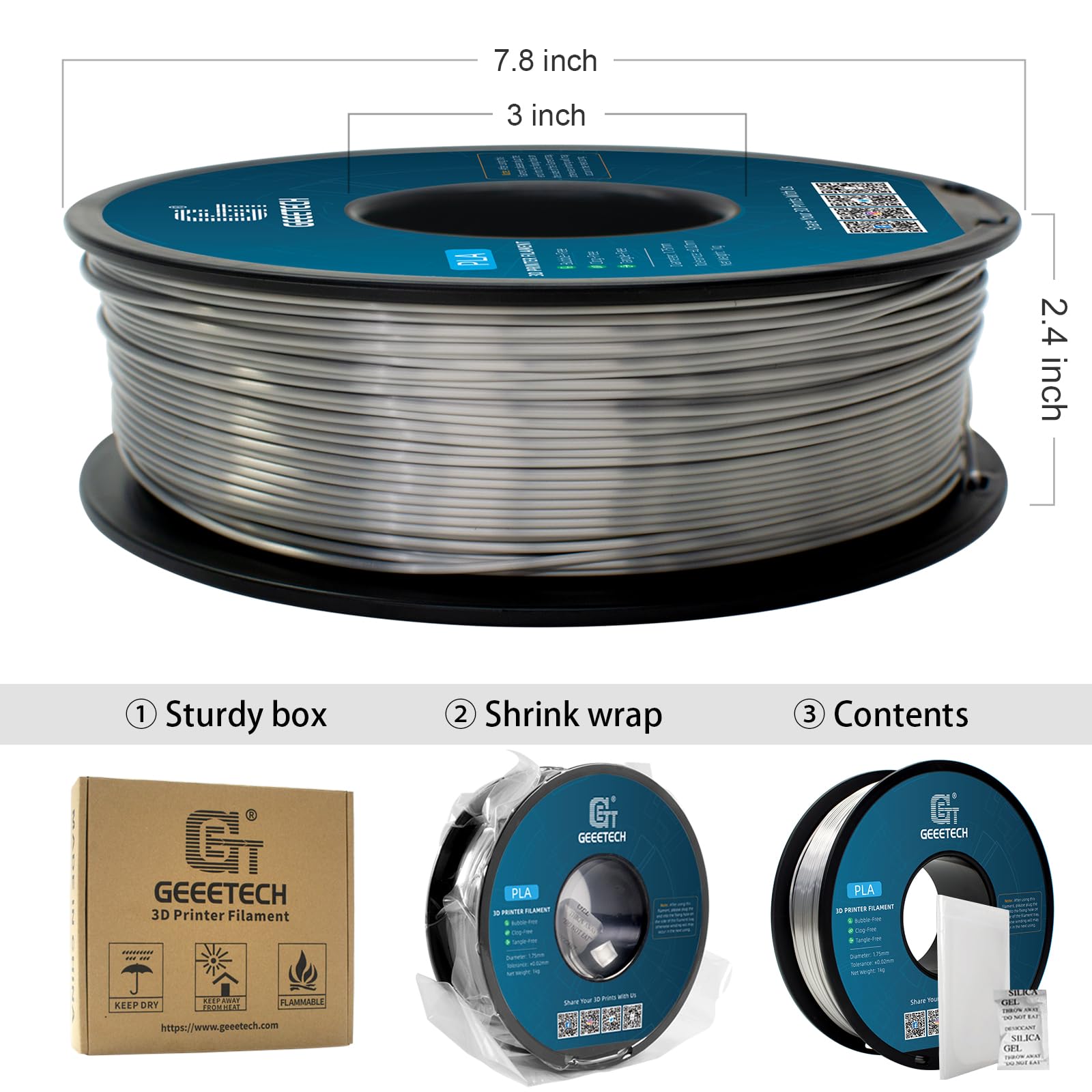 GEEETECH Filament PLA Silk 1.75mm,PLA Soie pour Imprimante 3D,Précision dimensionnelle +/- 0,02 mm,Soie Argent