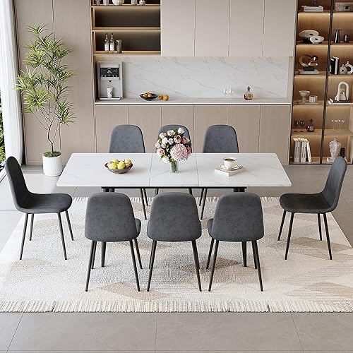 Miniatura 24 de FURNITO Juego de Mesa de Comedor de 7 Piezas, Mesa de Comedor Extensible de 59"-75" con 6 Sillas Tapizadas, Juego Blanco de Mesa y Sillas de Cocina