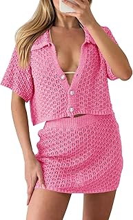 Saodimallsu Womens 2 Piece Cover Up Set Crochet Beach Summer Knit Button Short Sleeve Crop Top Mini Skirt Sets Price In India