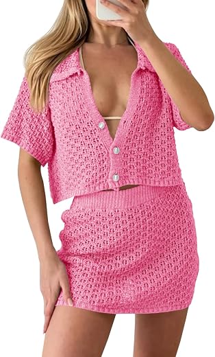 Saodimallsu Womens 2 Piece Cover Up Set Crochet Beach Summer Knit Button Short Sleeve Crop Top Mini Skirt Sets