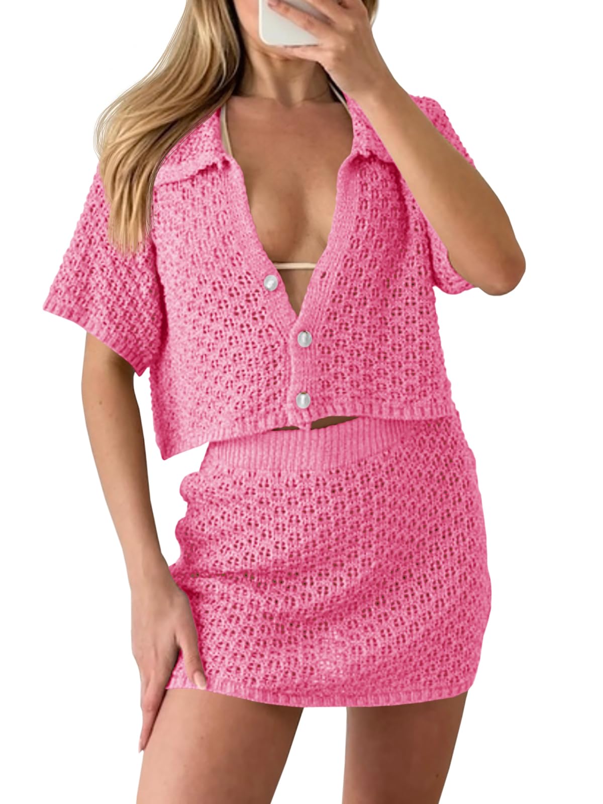 Womens 2 Piece Cover Up Set Crochet Beach Summer Knit Button Short Sleeve Crop Top Mini Skirt Sets-image-48