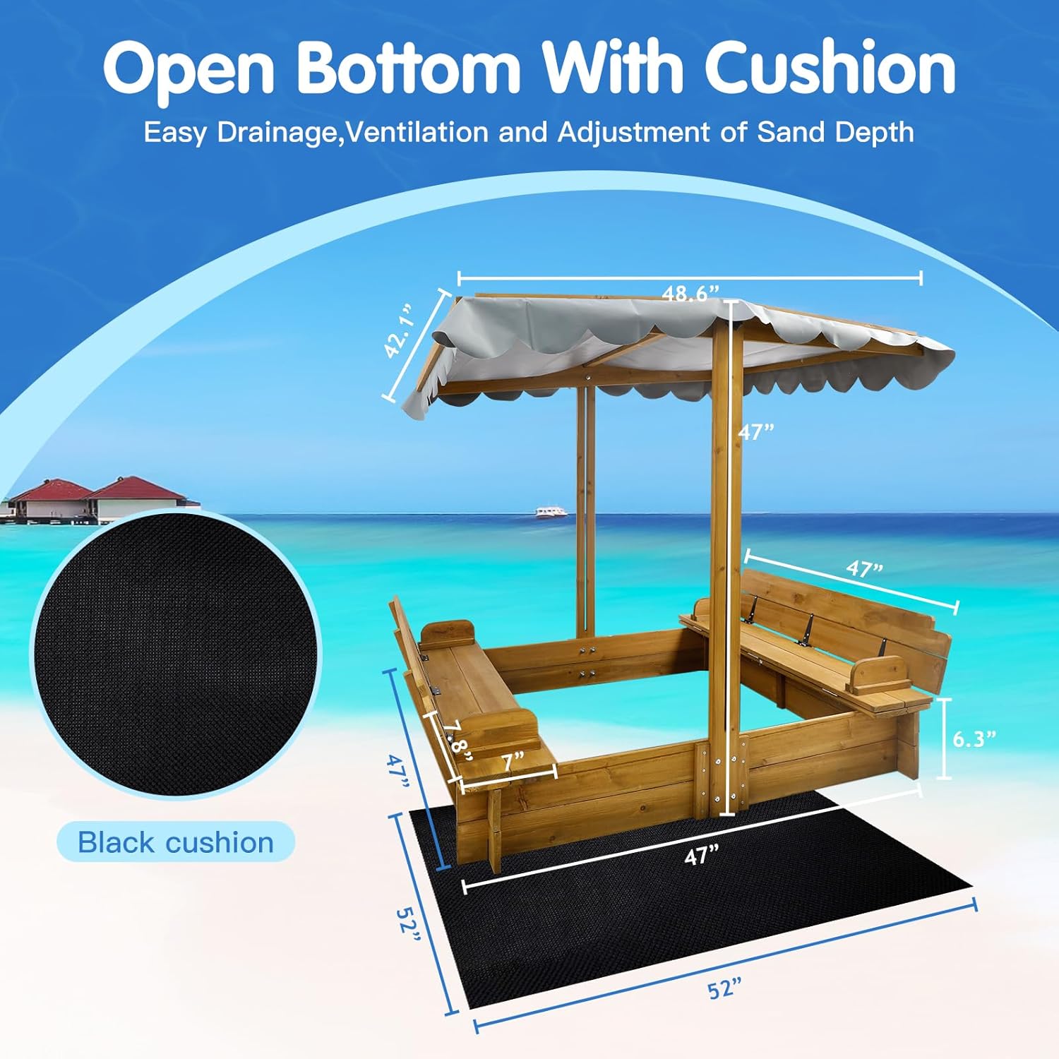 Wooden Kids Sandbox with Lid, Outdoor Sand Box with Canopy and Two Foldable Bench Seats, Sandbox with Cover for Play, Backyard, Gift for Kids Aged 2-8, Bottom Liner & Adjustable Cover, 47''