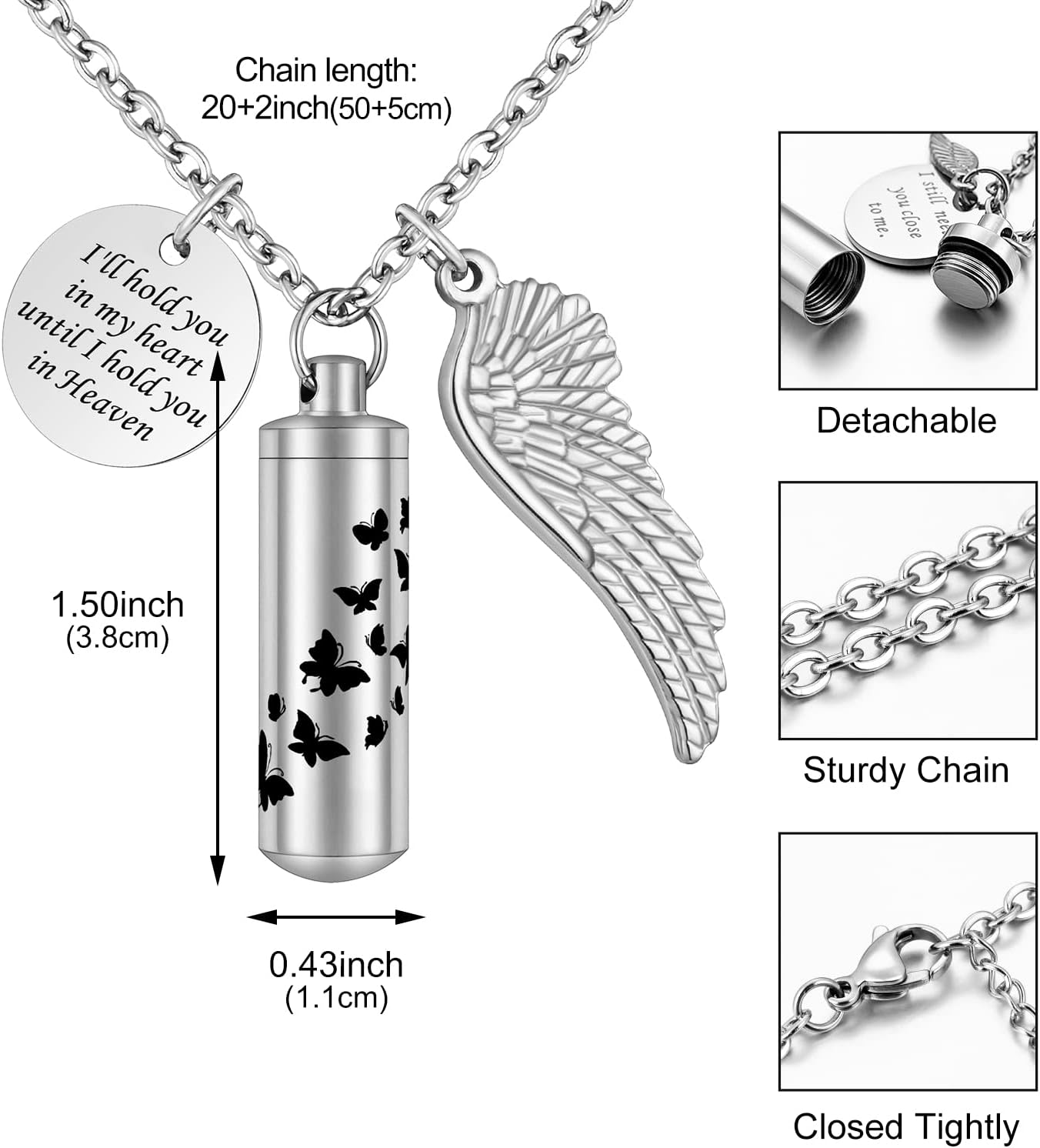 Dletay Cylinder Urn Necklace for Ashes Butterfly Cremation Jewelry for Ashes Memorial Keepsake Pendant with Angel Wing Round Tag Stainless Steel Remembrance Jewelry - Image 3