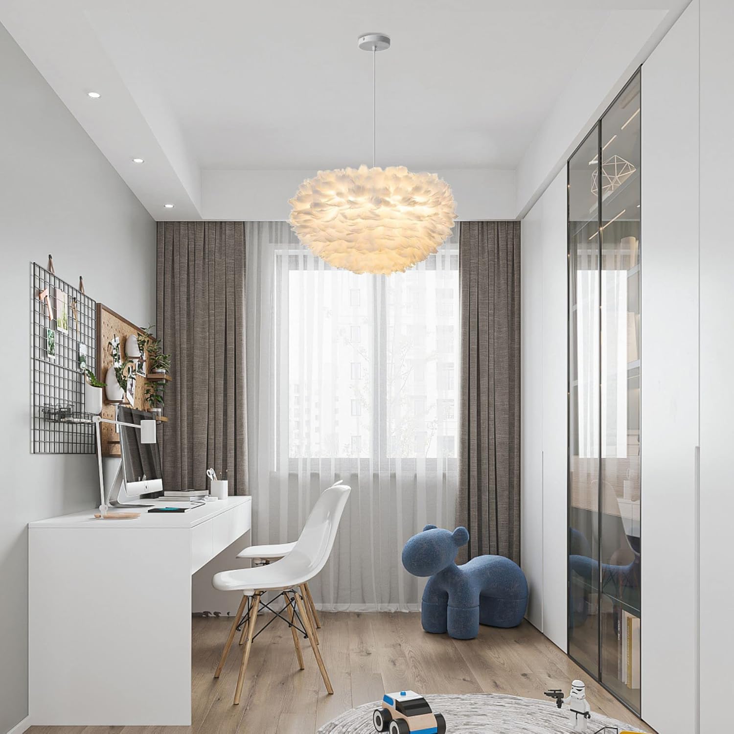 KCO Lighting Nordic Feather Hanging Light Fixture Contemporary 19.7" Feather Chandelier with Adjustable Cord Ceiling Pendant Light for Girls Room Kid Room Bedroom (50cm/19.7'')