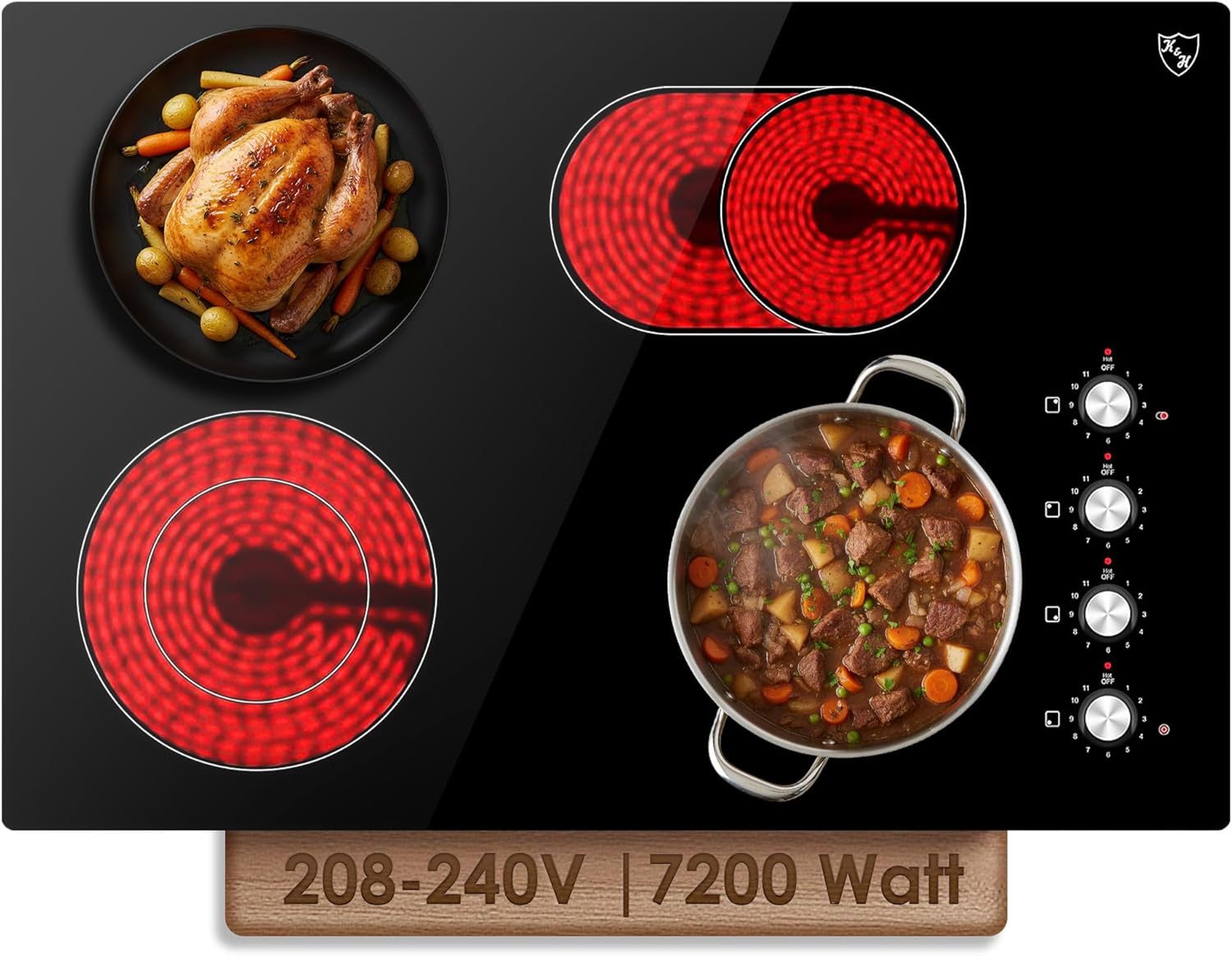 K&H 4 Burner Electric Cooktop – 30 Inch Built-In Radiant Ceramic Stove Top with 11 Power Levels & Knob Control, Compatible with All Cookware, 240V, 7200W High-Power Built-in Electric Stove, CE30-7206K