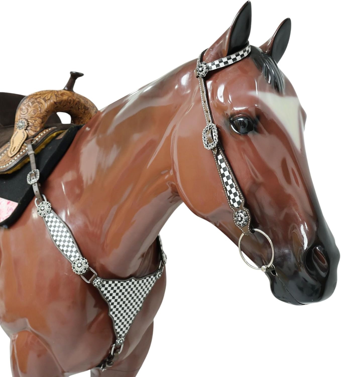 Western Headstall & Breast Collar Tack Set – Horse Race Finish Line Checkered Design on White Leather | Genuine Argentine Cow Leather | Handcrafted Quality