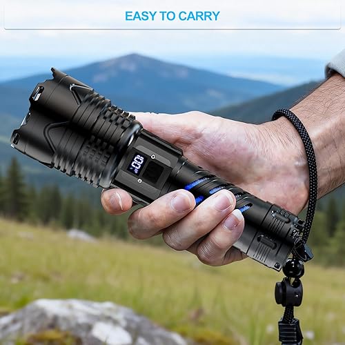 Miniatura 9 de Karrong Linterna recargable, linterna de haz largo de alto lúmenes, linterna potente súper brillante, 5 modos, zoomable, impermeable, luz táctica
