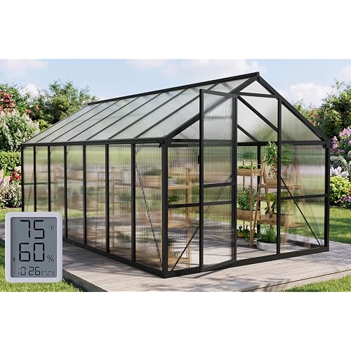 8x14FT Walk-in Greenhouse with Hygrometer,Polycarbonate Green House with UV Protection, Heavy Duty Greenhouse with Windproof Aluminum Frame, Roof Vent & Quick-Install Design