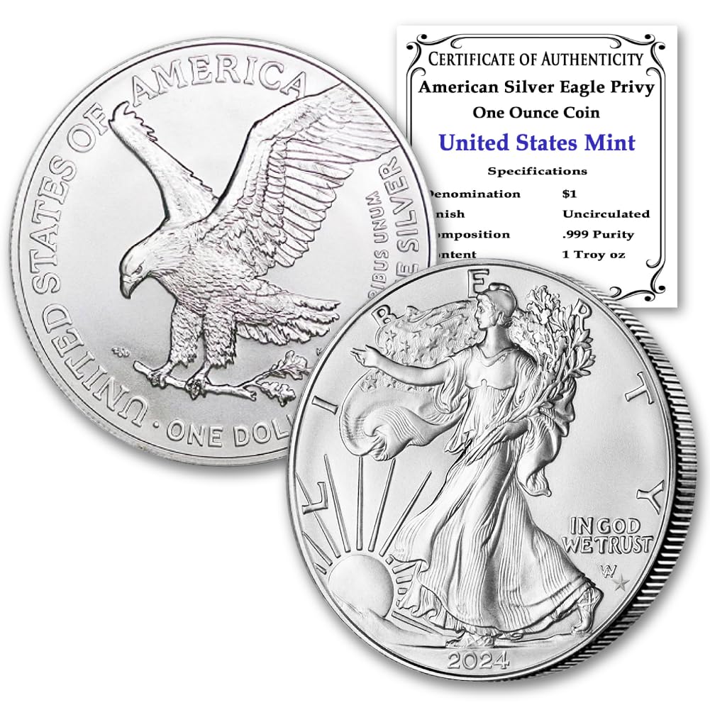 2024 1 oz American Silver Eagle Coin Brilliant Uncirculated (Star Privy) with Certificate of Authenticity $1 Seller BU