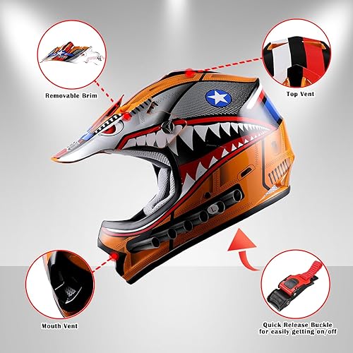 Miniatura 3 de 1Storm Casco de motocross juvenil para niños, casco de motocicleta naranja tiburón + gafas + guante naranja juvenil MG