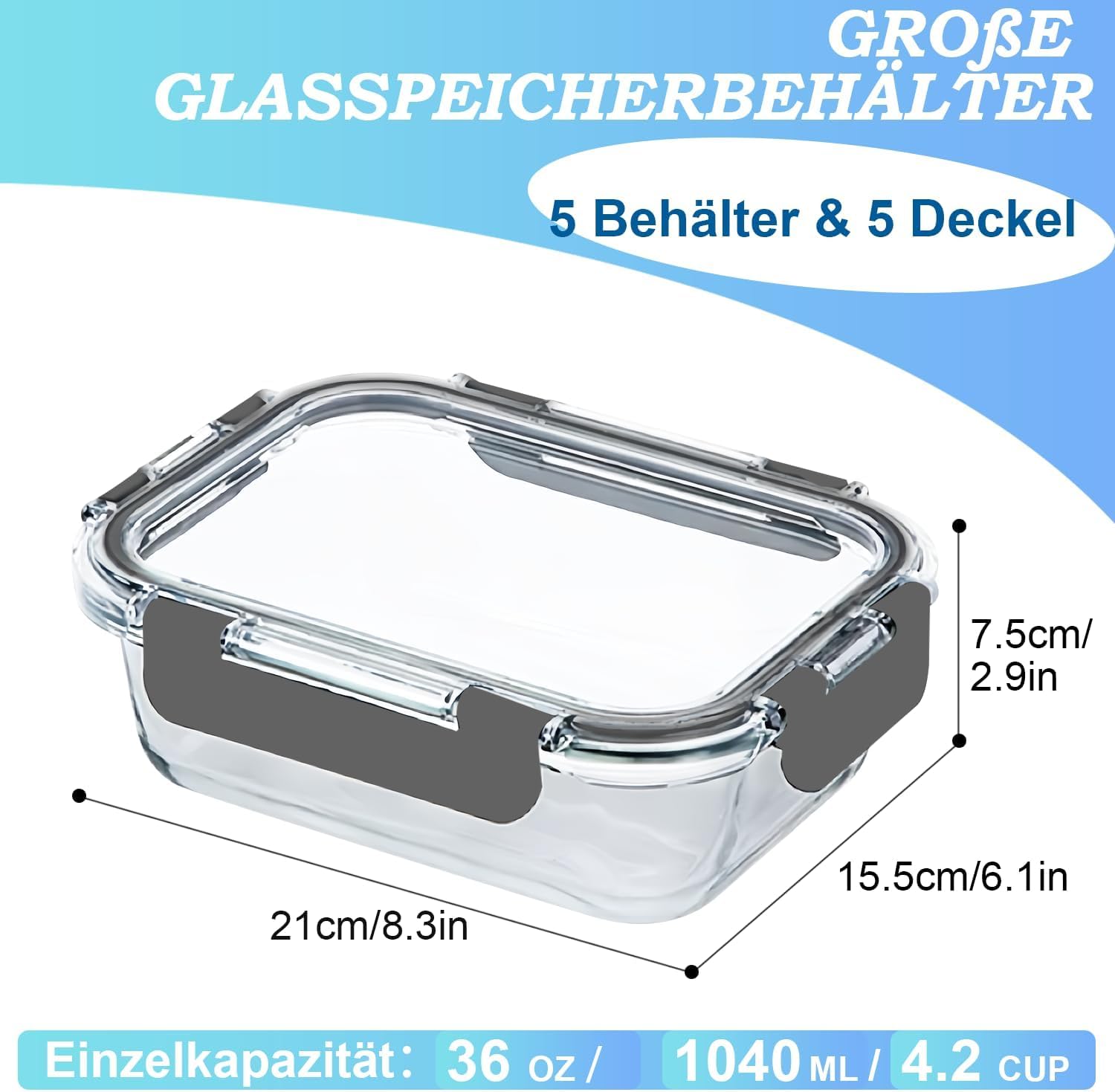 KUMD Vorratsdosen Glas mit Deckel 5er Set (10-teilig) 1040ml Borosilikatglas Frischhaltedosen für Mikrowelle & Meal Prep - Rechteckige Lunchbox, Ofenfest, Auslaufsicher
