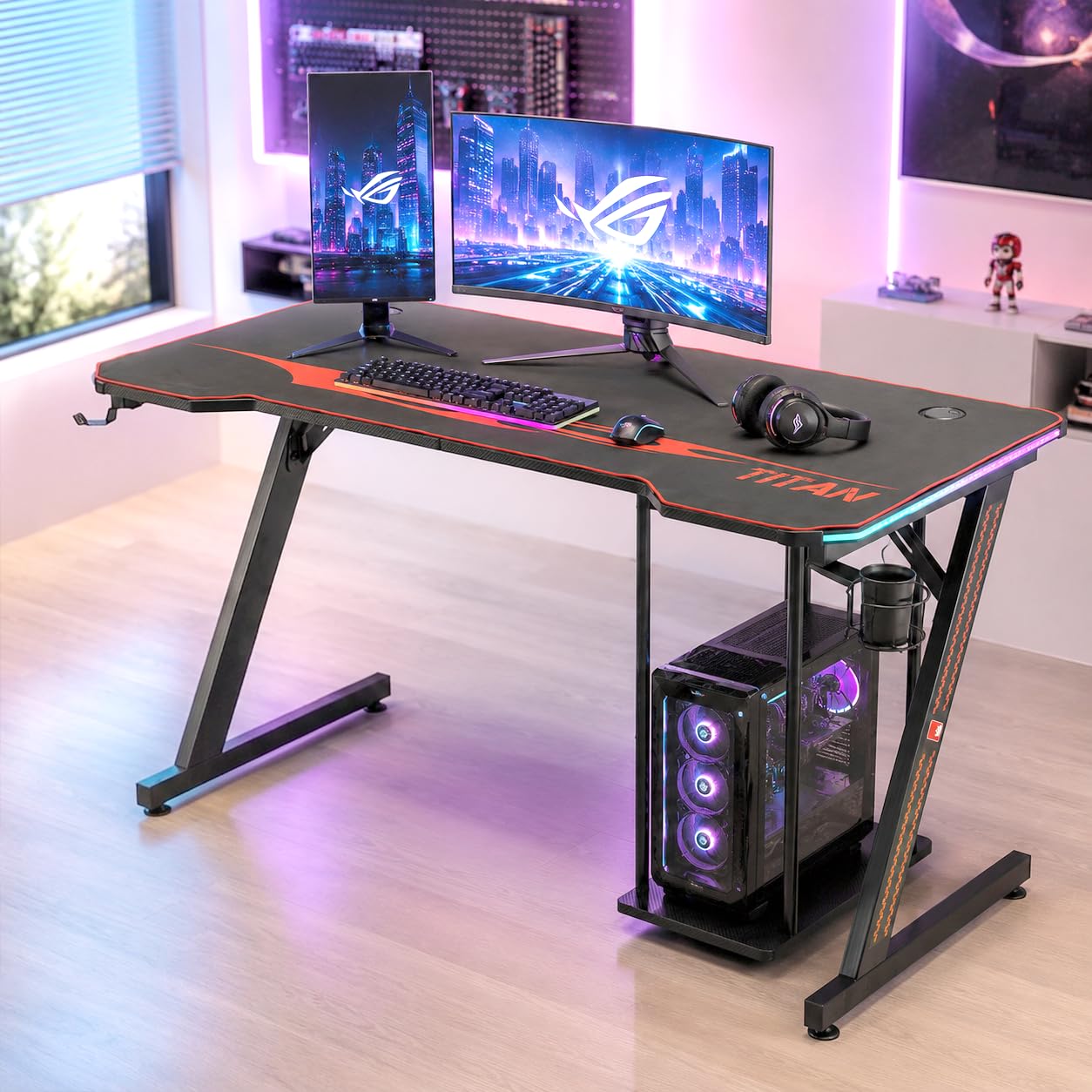 MY SIT Gaming Tisch 140 cm Titan Farbwechsel LED Beleuchtung - Kopfhörerhalter PC-Halter Getränkehalter - Leistungsstarkes Kabelmanagement - Schreibtisch Gaming Computertisch in Schwarz