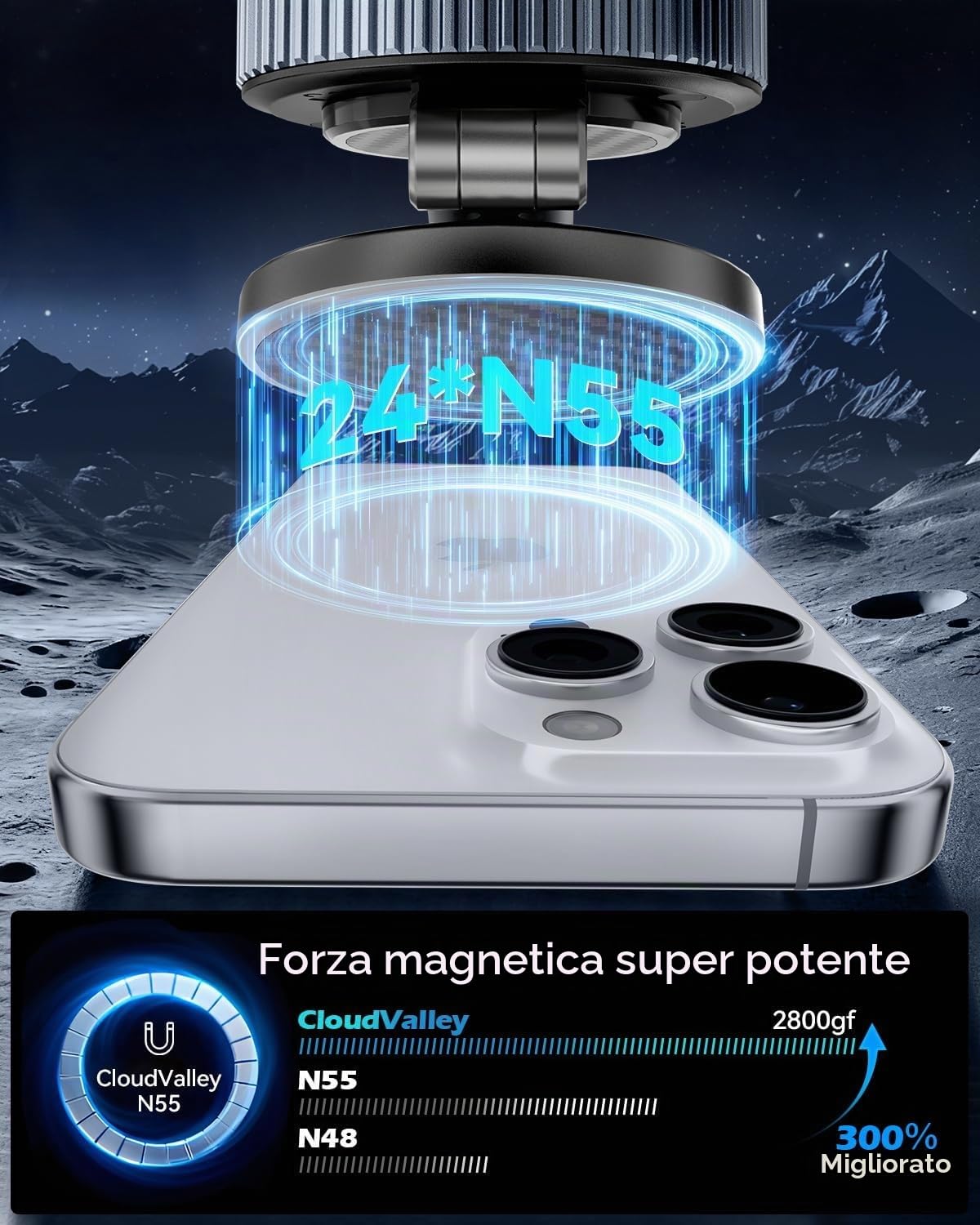 CloudValley Supporto Porta Cellulare Auto, Ricarica Wireless Magnetica 15W con Ventosa Suczione Vacuum Gel Nano Aggiornata, Regolabile 360° per Cruscotto/Parabrezza, Compatibile MagSafe iPhone 17-12