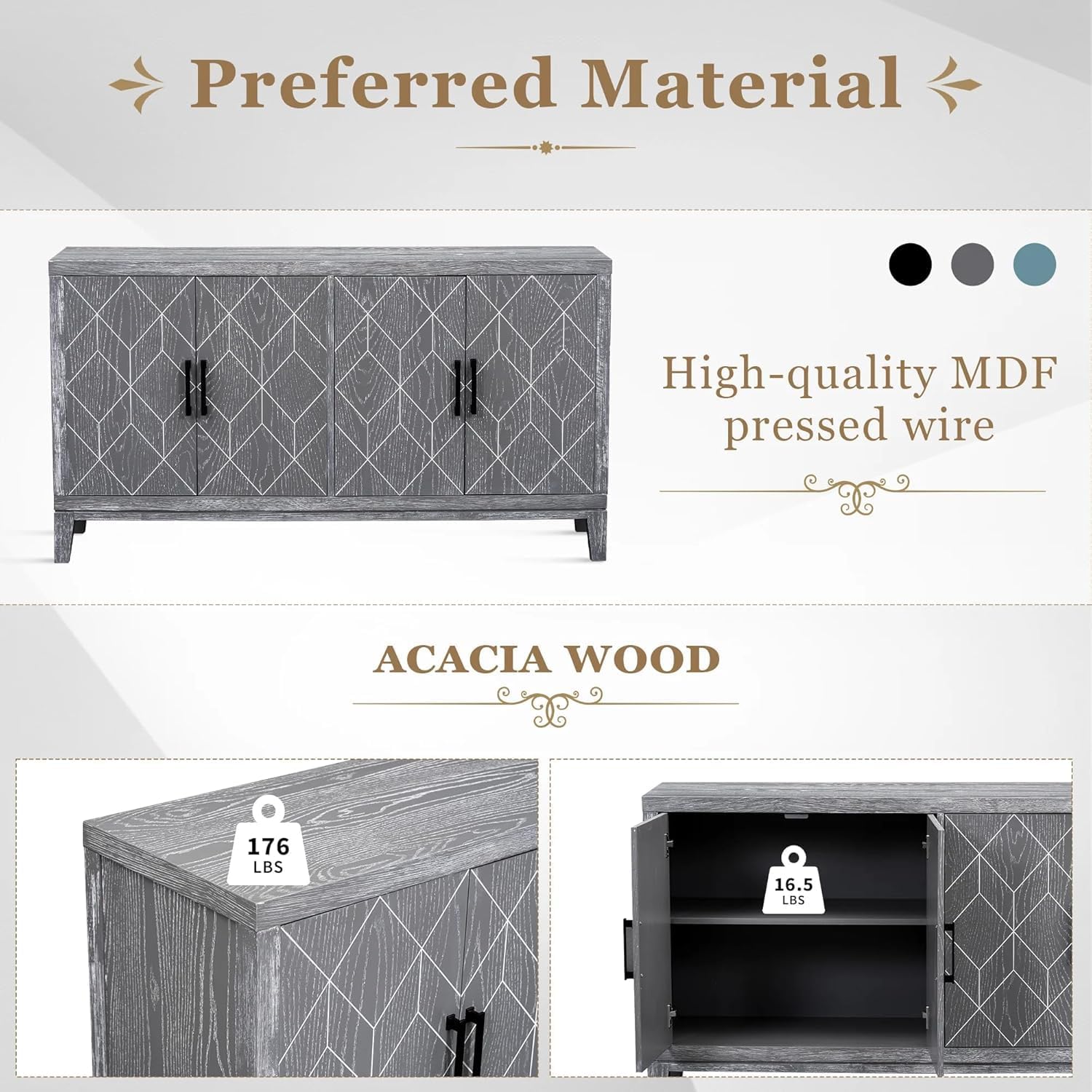 4-Door Retro Sideboard with Adjustable Shelves, Two Large Cabinet with Long Handle,