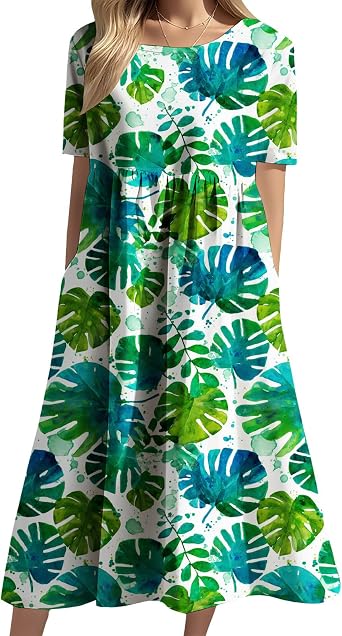 Boho Floral Midi Dress for Women Short Sleeve Crew Neck Flower Pattern Daily Beach Sundress Lightweight Soft