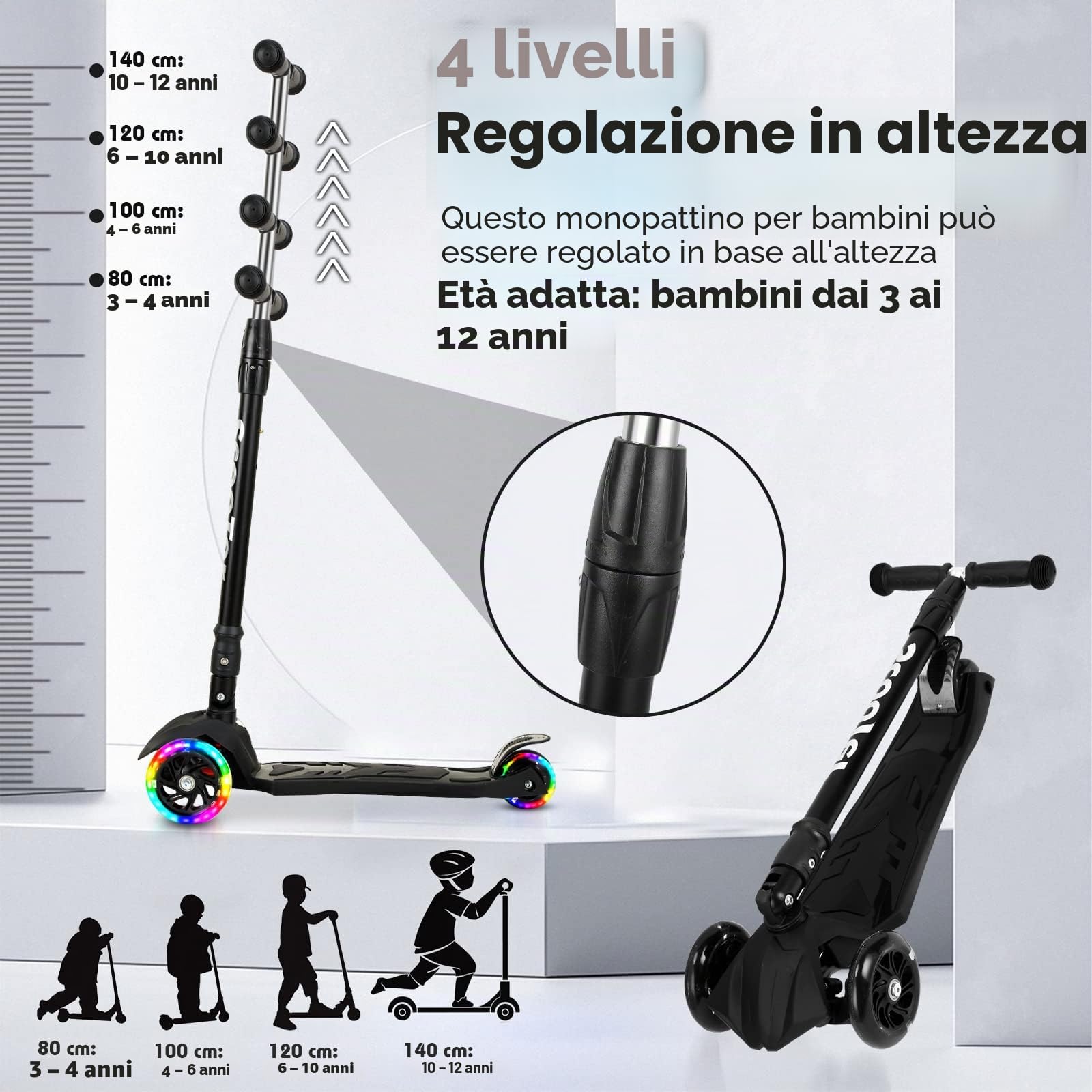 Sonnewelt Monopattino pieghevole per bambini, con 3 ruote a LED e manubrio regolabile in altezza, freni posteriori, fino a 50 kg, per scooter bambini dai 3 ai 14 anni