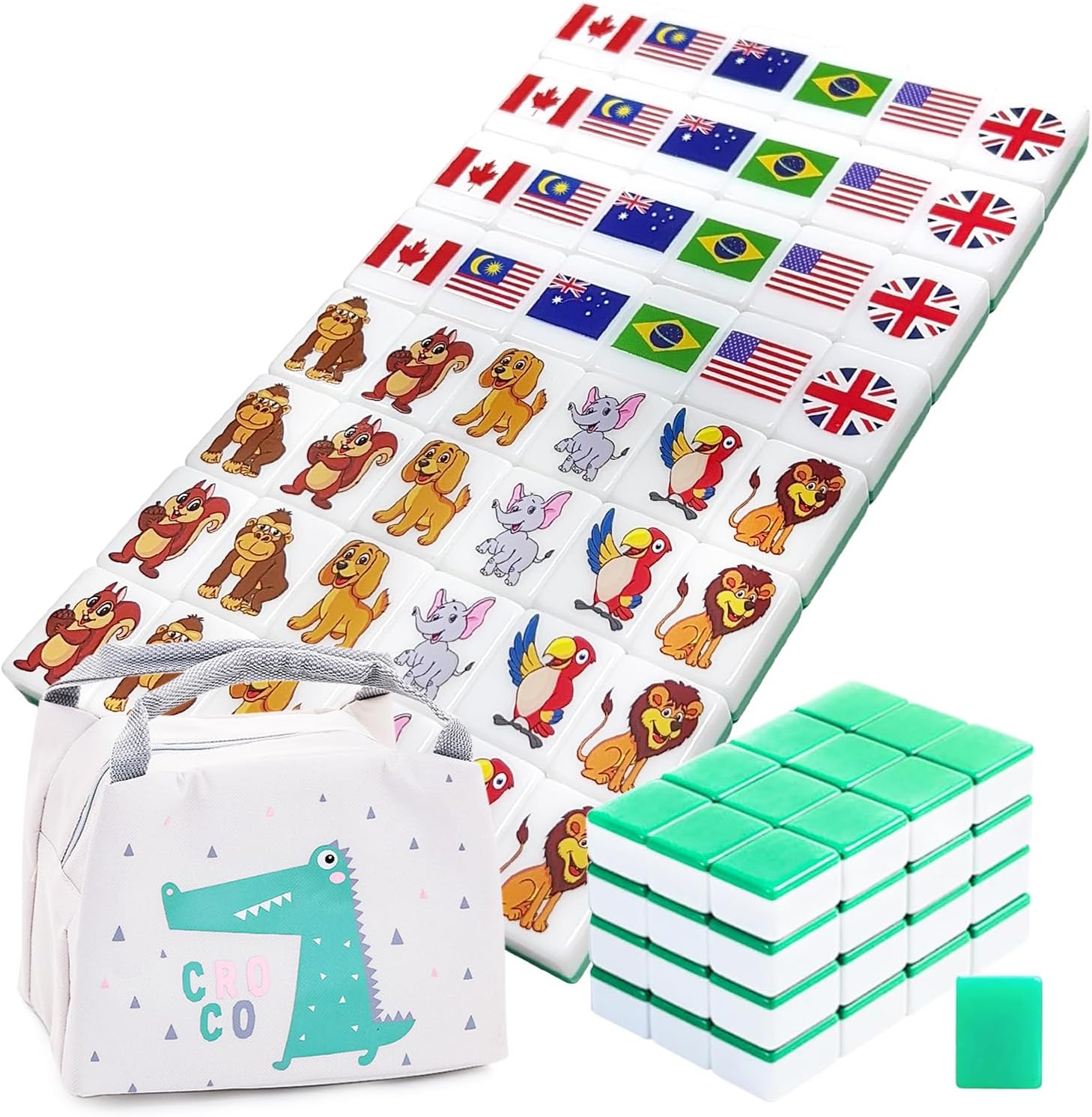 Seaside Escape Game Blocks, Mahjong Tile Game Sets with 49 Tiles 38mm Pet and Flag Pattern with Bag.