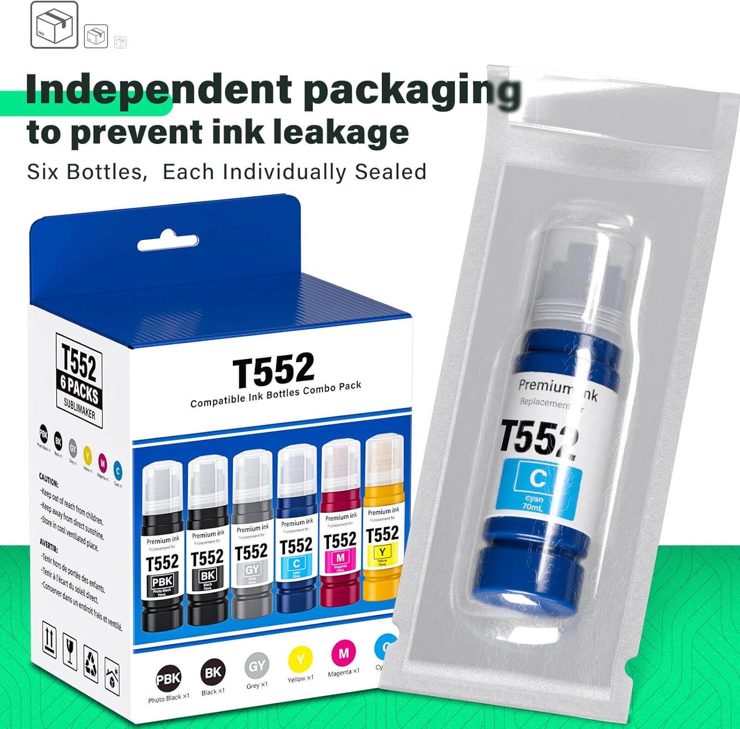Compatible for 552 Ink Refill Bottles 6 Pack (NotSublimation Ink) Compatible Replacement for Epson Ecotank Photo ET-8550 ET-8500 ET8550 ET8500 8550 8500 Printer, T552 Ink (BK Pigment, PB C M Y GY Dye)