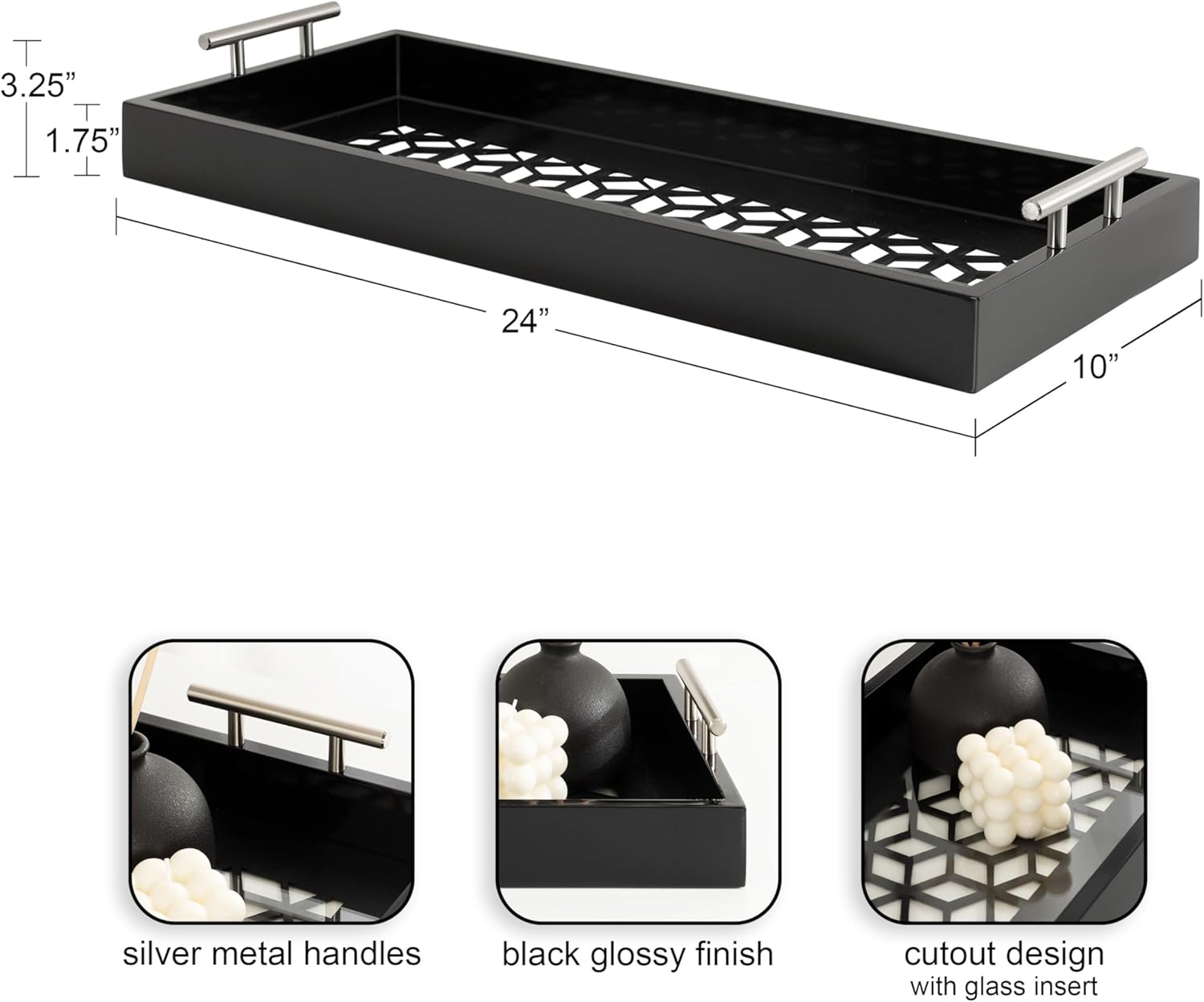 Kate and Laurel Caspen Cut Out Pattern Decorative Rectangle Tray with Silver Metal Handles; 10 x 24; Black and Silver; Modern Glam Serving Tray with Handles for Living Room Decor