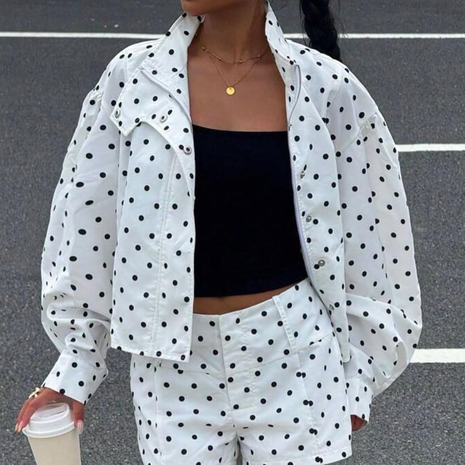 Songling Women Polka Dot Jacket Lightweight Zip Up Coat 2026 Trendy Fall Outfits Cropped Spring Jackets with Pockets