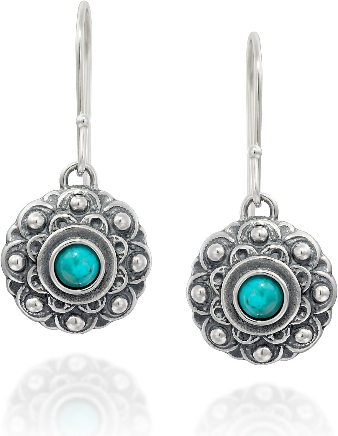 Antique Style Turquoise Flower Dangle Earrings in 925 Sterling Silver Elegant Women's Jewelry