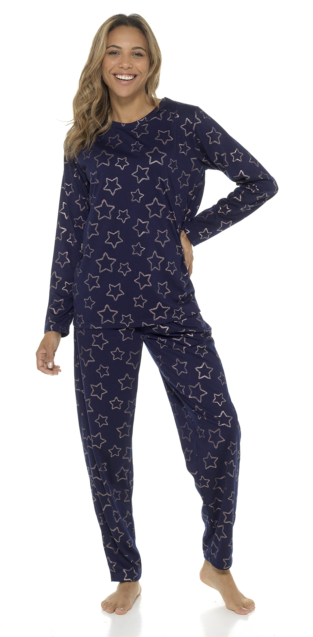Slumber Hut Girls Navy Slumber Hut® Star Printed Knitted Jersey Pyjama Set Blue Rose Gold - Matching Ladies Childrens Sizes Size 13 Years