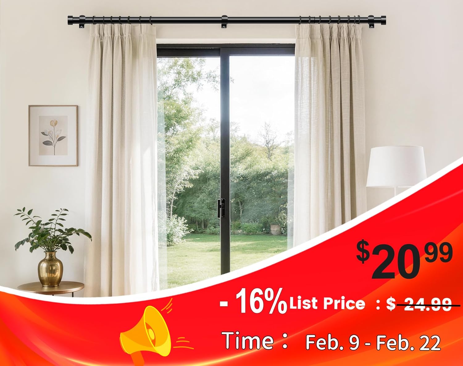 kamanina black curtain rod 32 to 144 inch (2.6-12 feet), 1 inch heavy duty curtain rods for windows, modern adjustable drapery rods with end cap (32"-144") black 32-144"