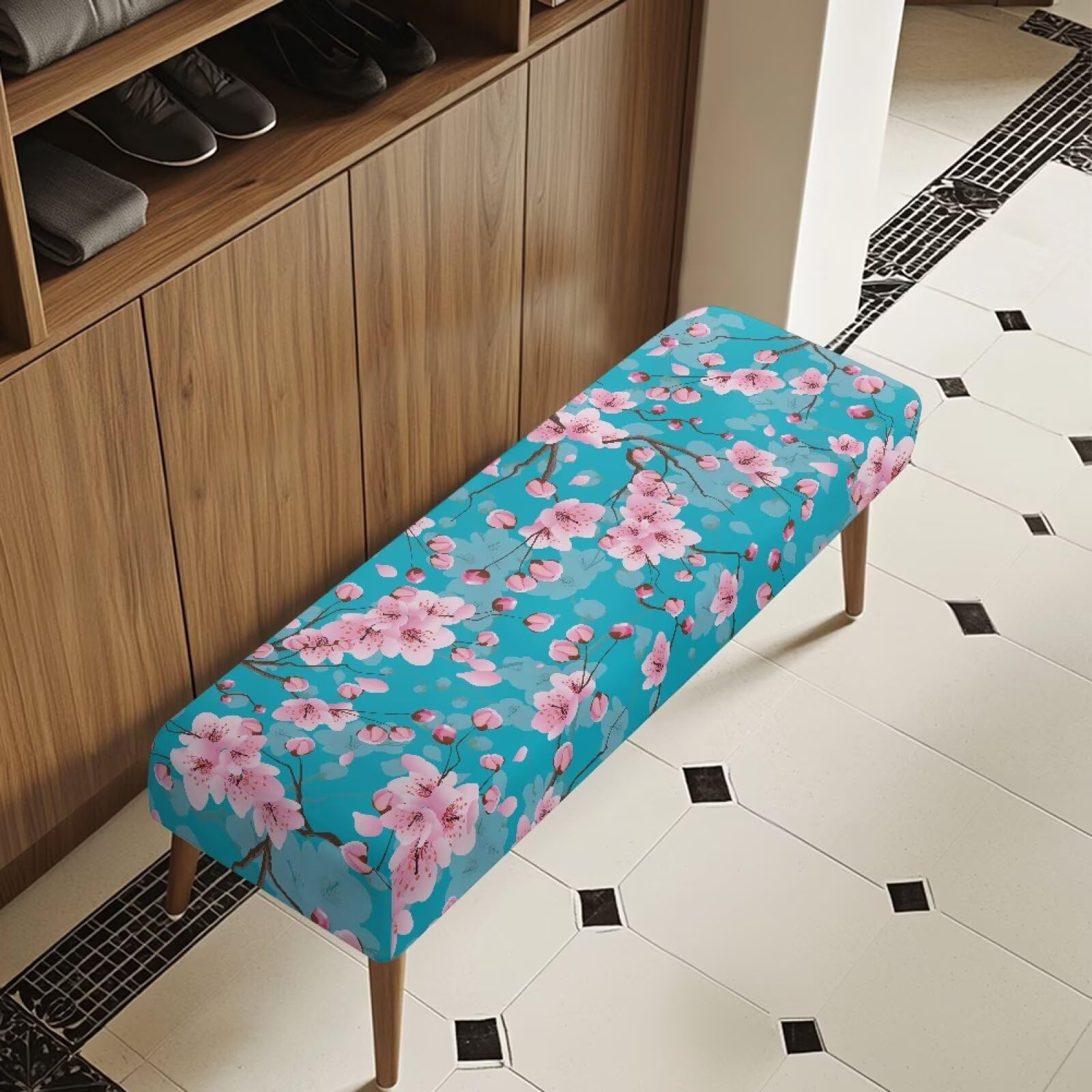 Batyqompu Bench Seat Covers Breathable Stretch Anti-Dust Rectangle Bench Seat Protector Cover for Living Room, Bedroom, Kitchen, Dining Room, Cherry Blossom Blue