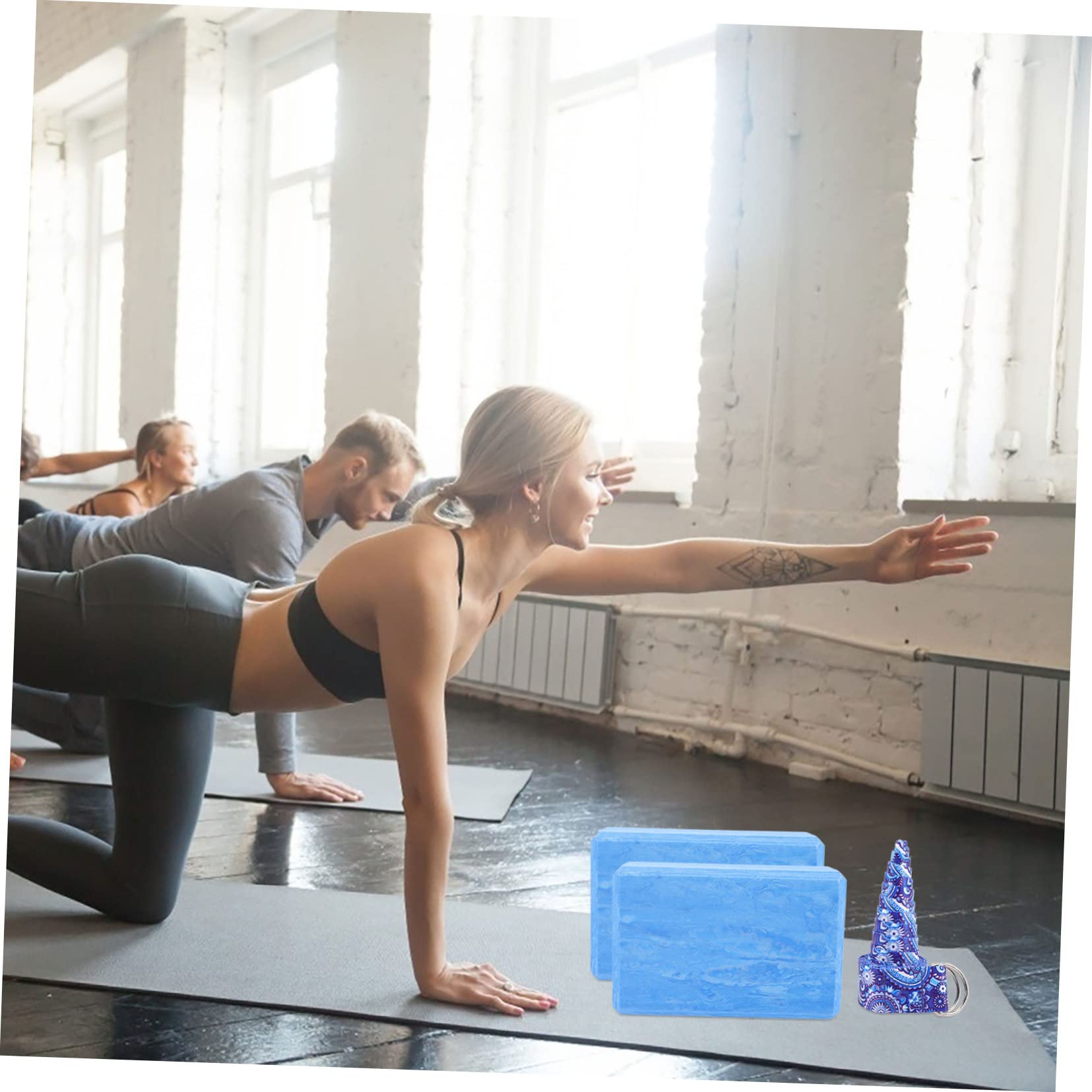 Blocco Yoga in Eva, Set da 3 Pezzi Blu Mimetico per Allenamento | Cintura da Stretching Inclusa, Supporto per Esercizi e Danza, Accessorio per Pratica Yoga