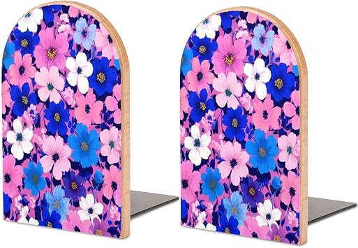 Pink White Blue Retro Flowers Wooden Bookends Shelves 2 PCS Sturdy Book Holders Desktop Organizer for Home Office Libraries