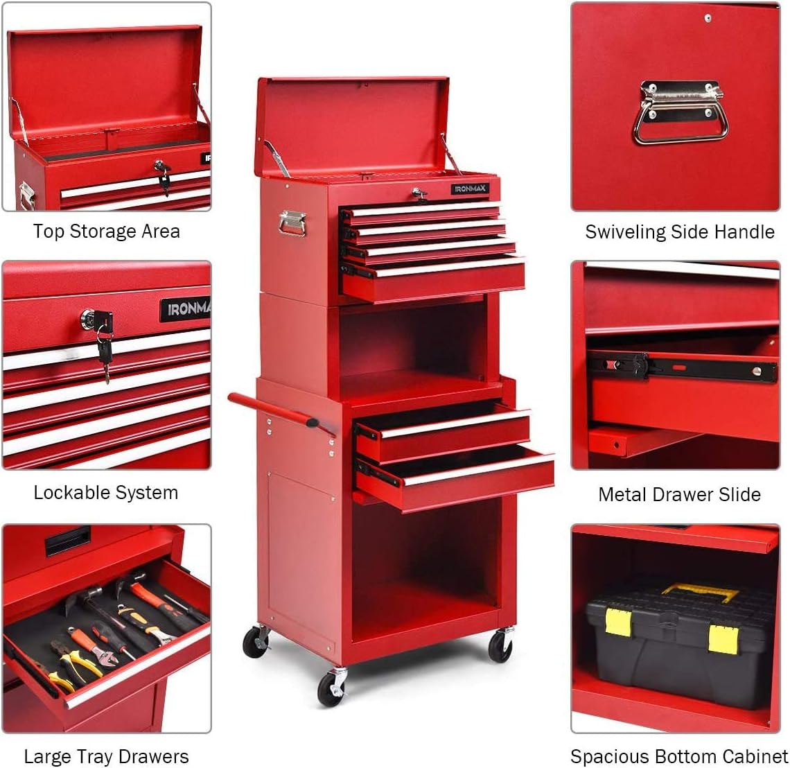 ARLIME 6-Drawer Rolling Tool Chest, Tool Storage Cabinet W/Sliding Drawers, Detachable Top Box & Locking System, Removable Toolbox Organizer for Garage & Warehouse (Red)