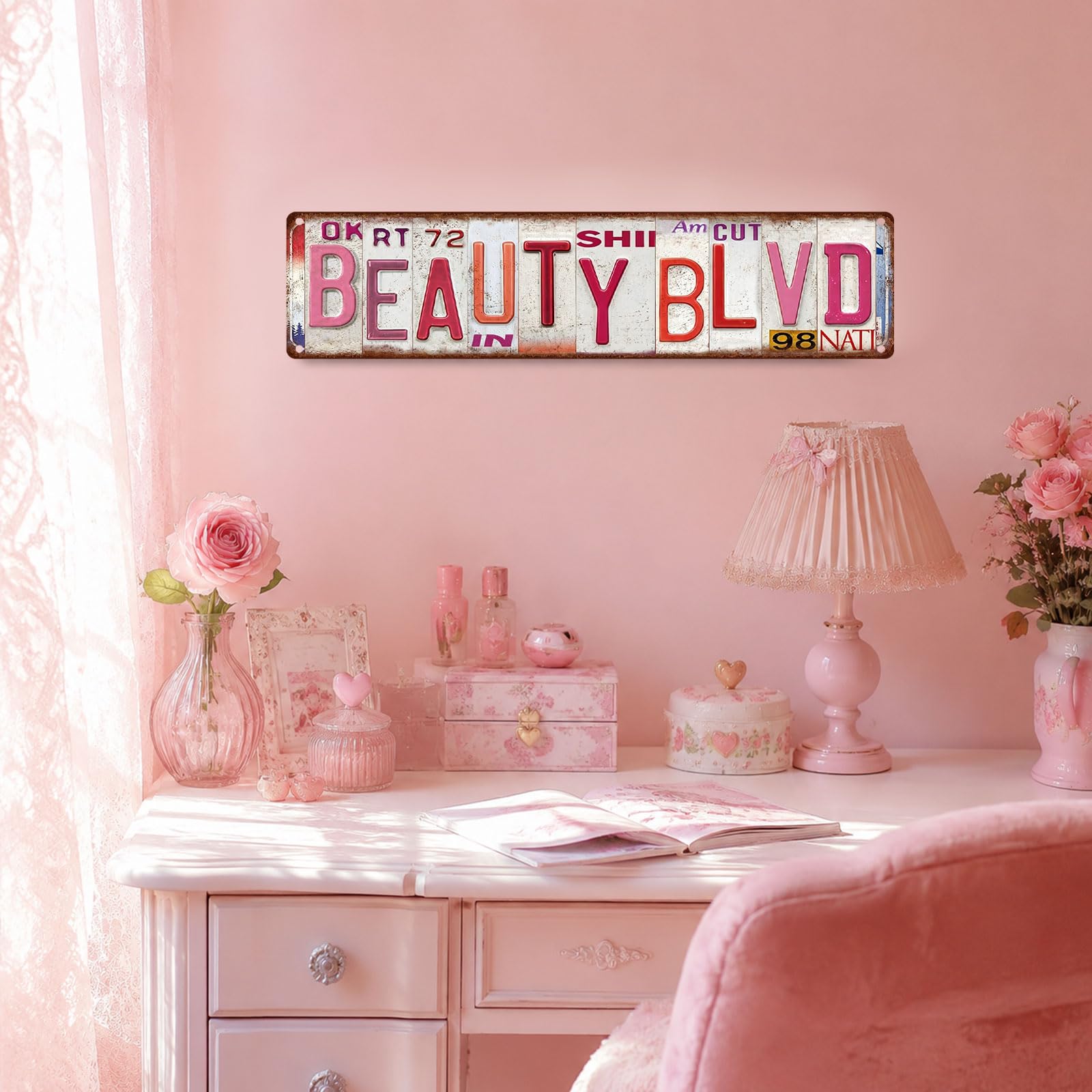Vintage Beauty Blvd Metal Signs 16 x 4 inch Cool Girls Pink Room Decor