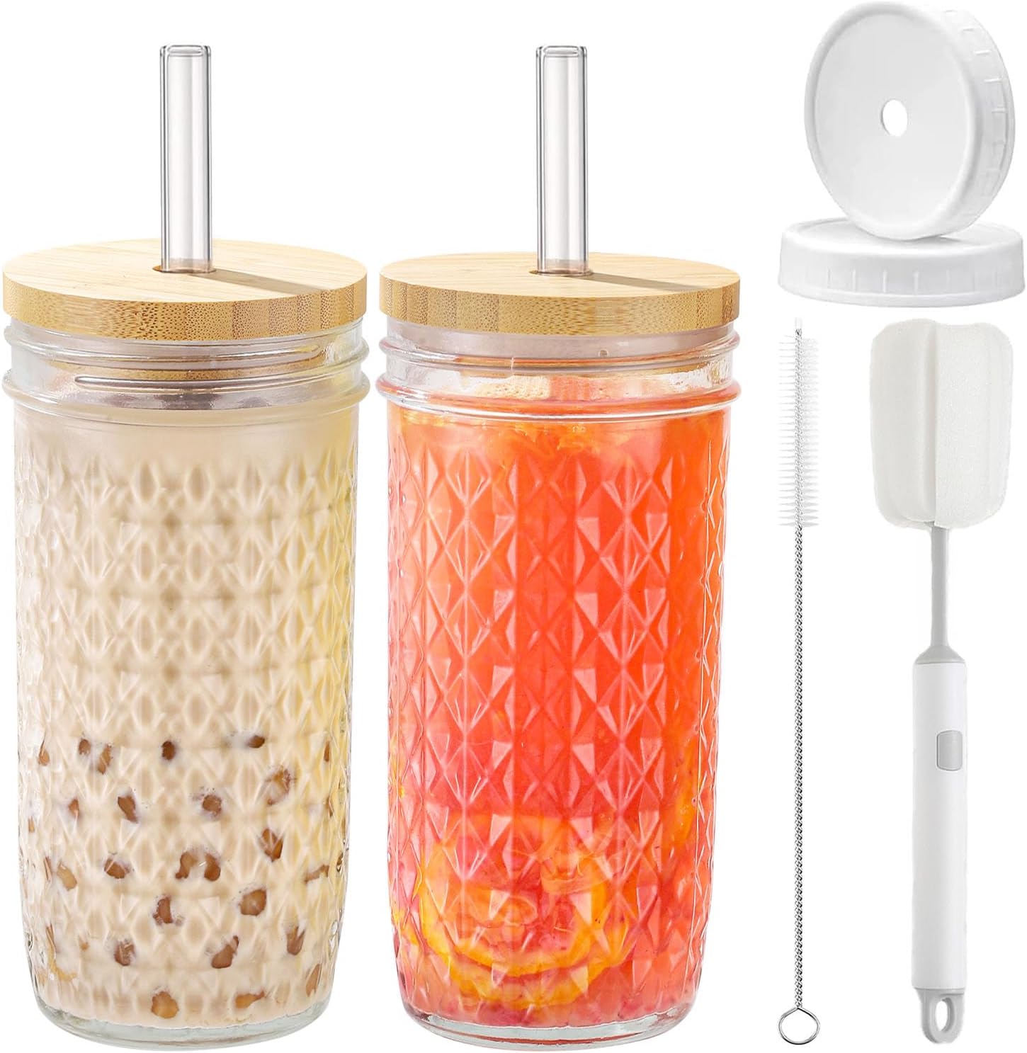 2 Pcs Glass Cups with Lids and Straws - 24oz Wide Mouth Mason Jar Drinking Glasses, Cute Reusable Smoothie cup, Iced Coffee Glasses, Travel Tumbler for Bubble Tea, Juice
