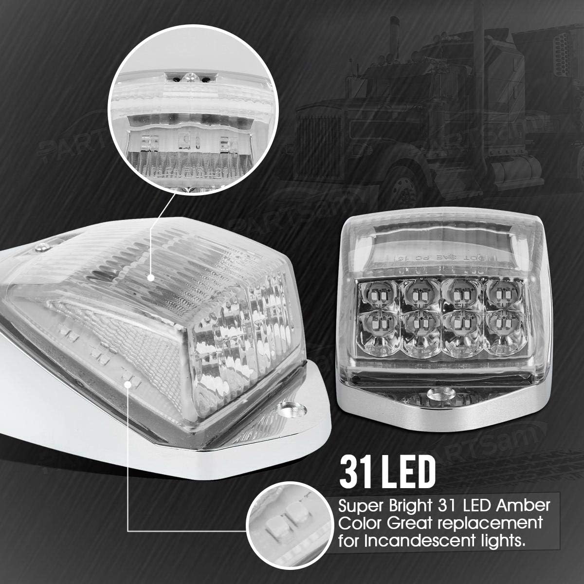 Partsam 5pcs Clear Lens 31LED Amber Cab Marker Top Roof Running Lights w/Chrome Base Compatible with Peterbilt/Kenworth/Freightliner//Western Star/Mack/International/Paccar Trailer Trucks