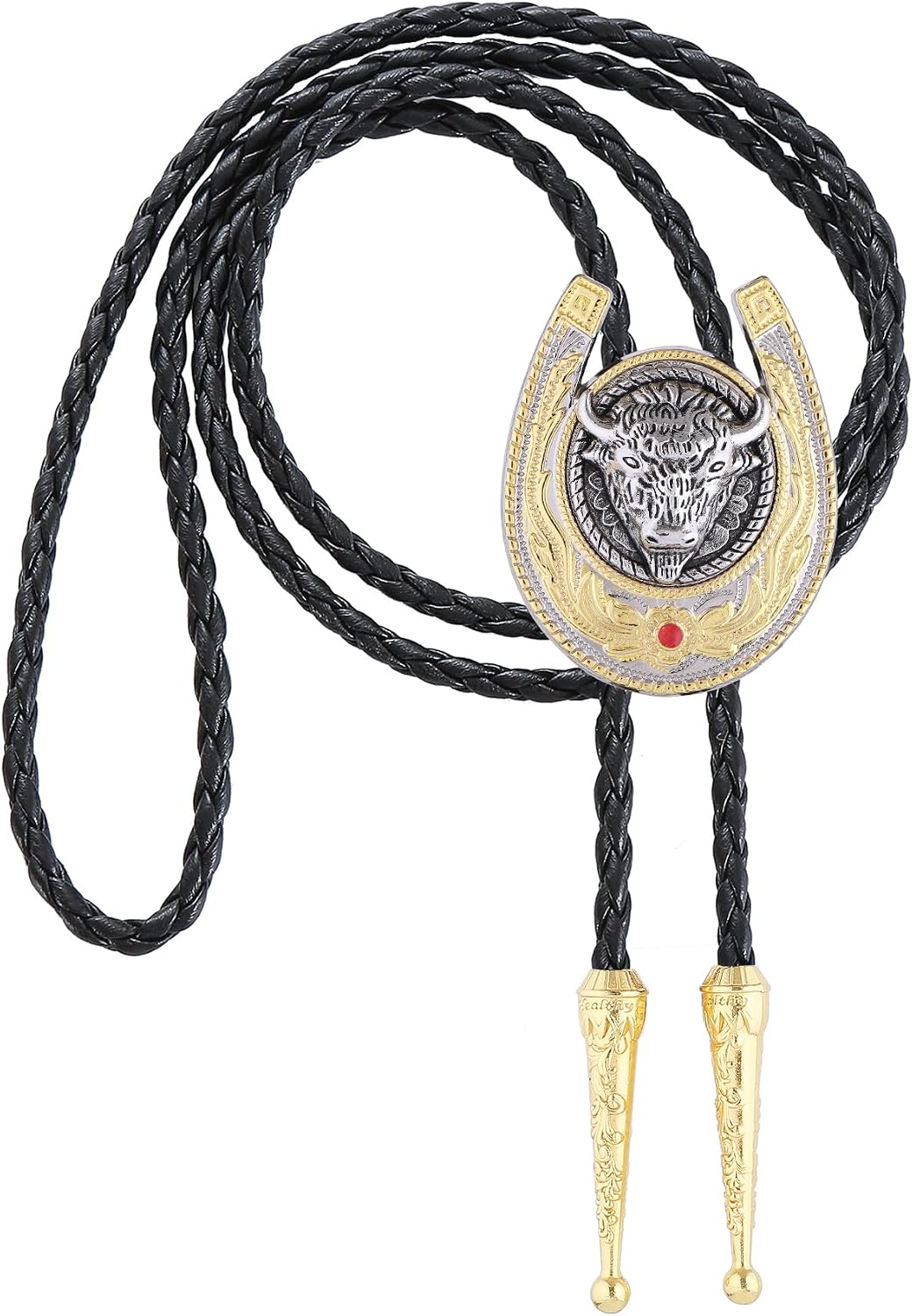 Jeilwiy Bolo Tie for Men, Western Cowboy Golden Longhorn Bull Eagle Horse Cowboy Hat Bolo Necklace Leather Necktie for Women