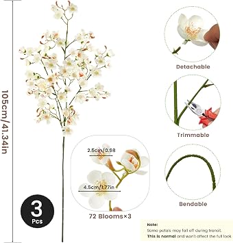 SNAIL GARDEN 3Pack 105cm White Artificial Cherry Blossom Branches, Long Stem Silk Peach Blossom Fake Flowers, Tall Faux Spring Stems for Vases, DIY Floral Arrangement Home Wedding Decor