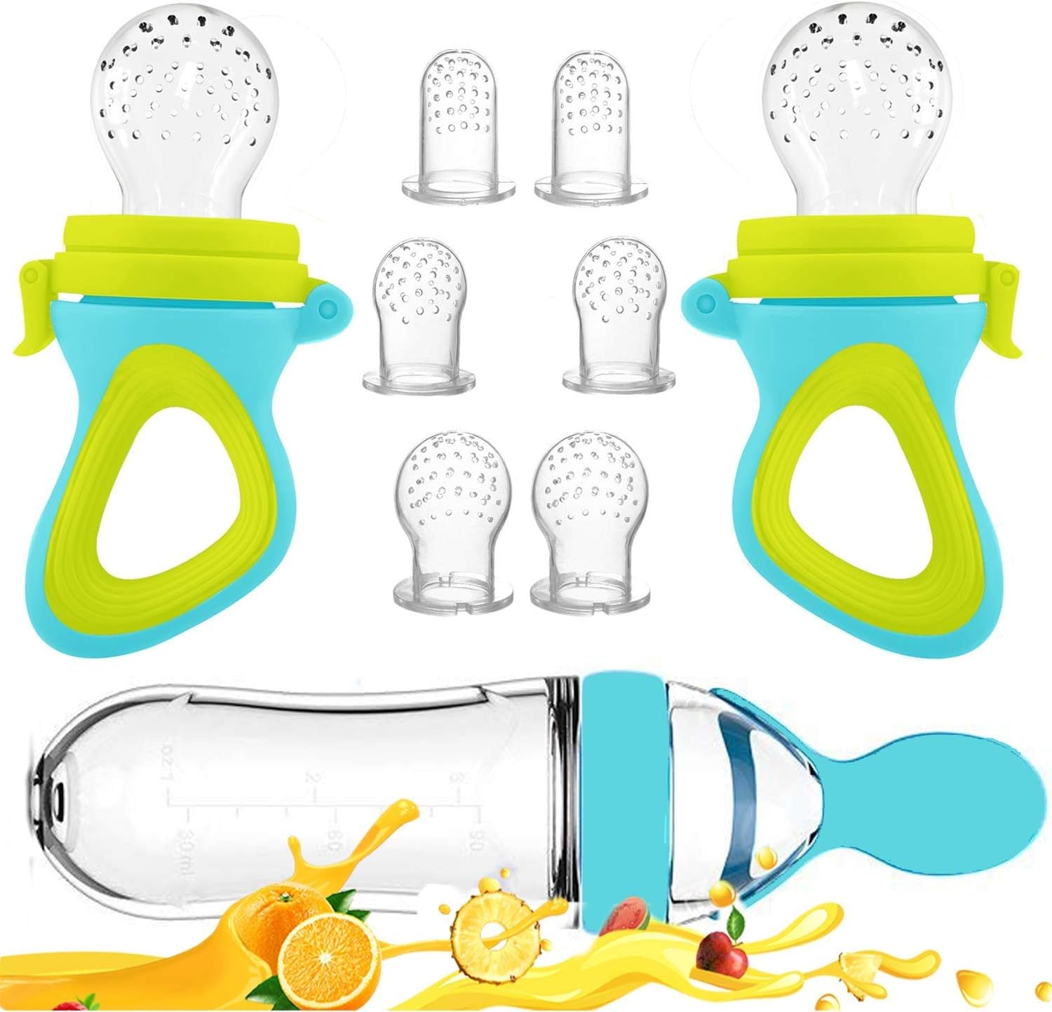 Baby Food Feeder, Fresh Food - 2 Pack Fruit Feeder Pacifier, 6 Different Sized Silicone Pacifiers | 1 Pack Baby Food Dispensing Spoon | Baby Feeding Set (Blue)