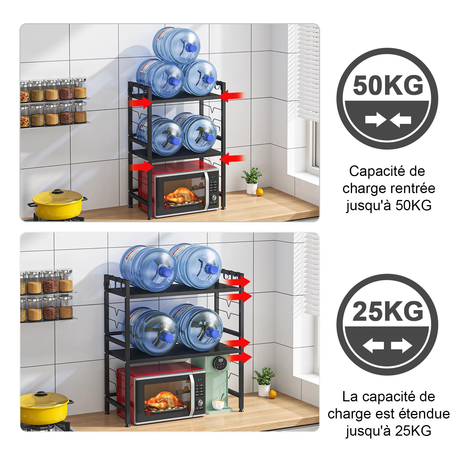 Support Extensible pour Four à Micro-Ondes à 3 Niveaux, Support d'étagère de Cuisine Hauteur Réglable avec 6 Crochets Suspendus Etagere Rangement Cuisine, Noir