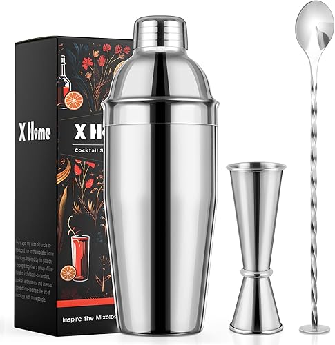 X Home Juego de coctelera, juego de herramientas de barra de 3 piezas con jigger fácil de medir, cuchara mezcladora de 10 pulgadas, coctelera de 24
