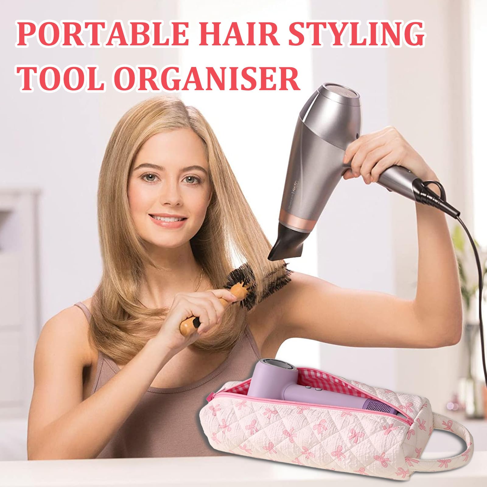 Borsa da Viaggio per Asciugacapelli, Portatile Pochette per Custodia Piastra E Ferro, Leggere Porta Piastra per Capelli Beauty Case E Trousse, Organizer da Viaggio Asciugacapelli Fiocco Rosa