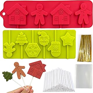 Christmas Lollipop Molds, 2PCS Gingerbread Men, Chocolate Candy Cake Pop Molds Christmas Tree, Snowflake, Santa Face Lollipop Suker Mold with 100 Paper Lollipop Sticks