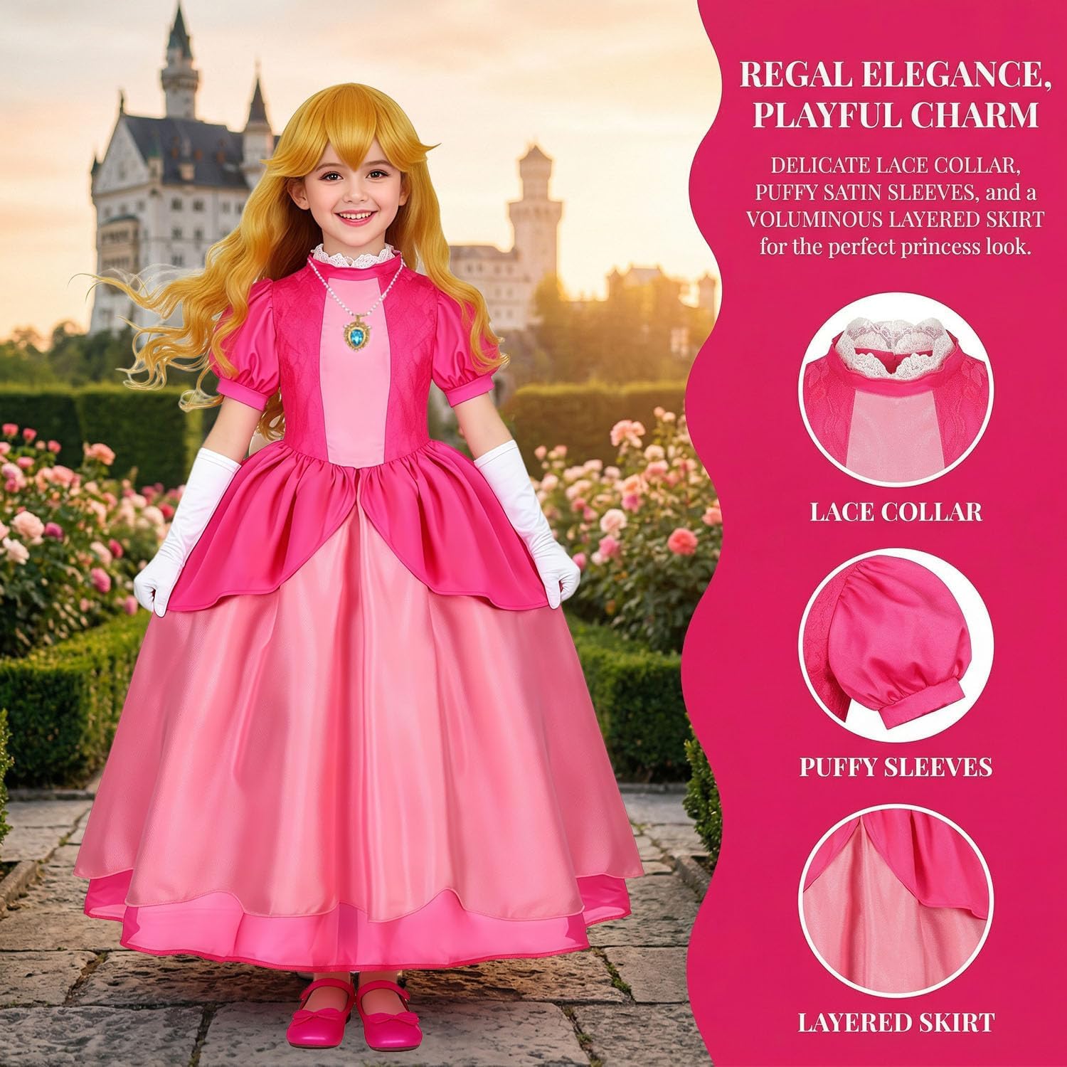 Girls Pink Princess Costume for Kids Royal Fairytale Dress Set with Gloves Jewelry Halloween Birthday Party