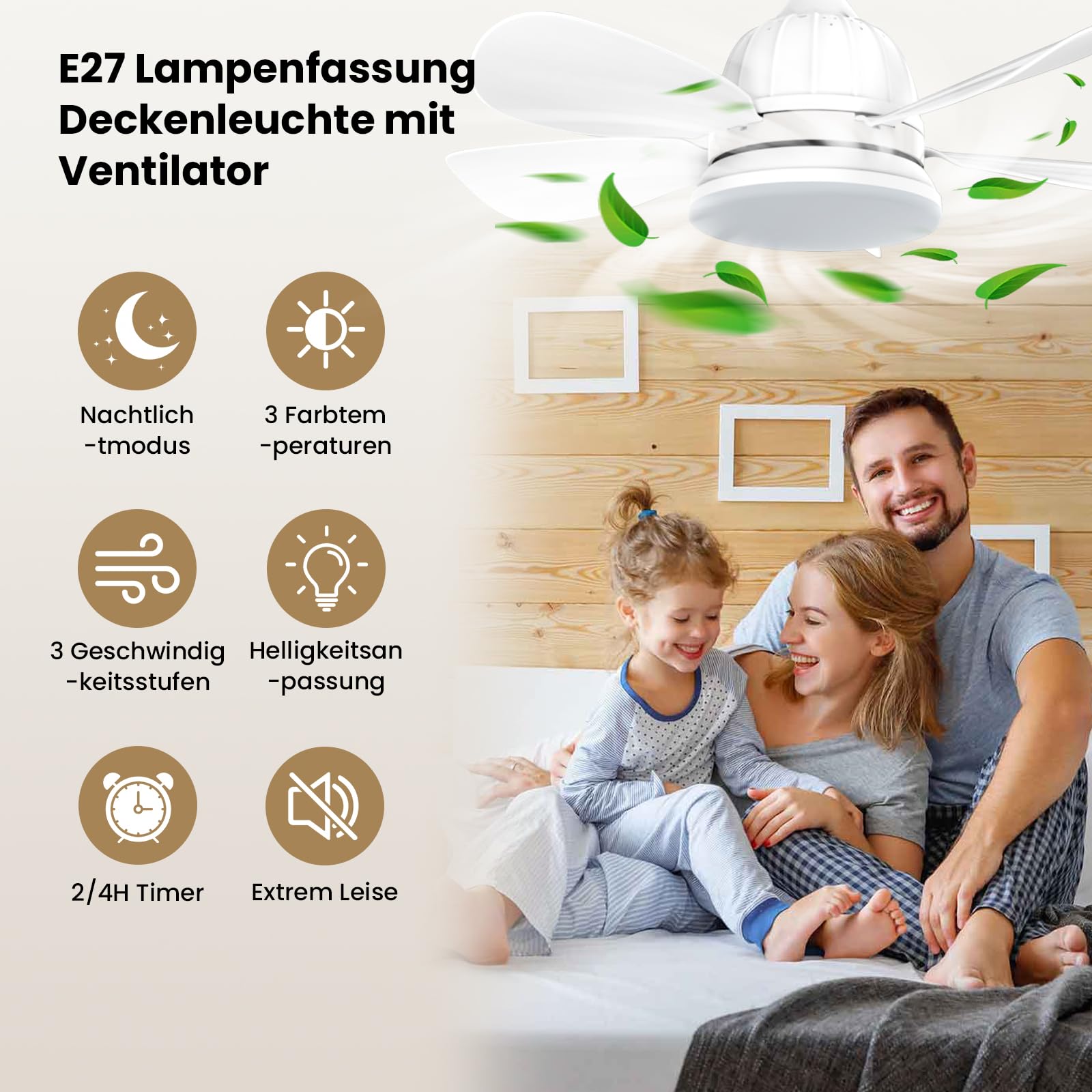 Deckenventilator mit Beleuchtung Leise, Deckenventilator mit Licht | Deckenleuchte mit Ventilator mit Fernbedienung, 3 Windstufen, Dimmbar, Timing Funktion, für Schlafzimmer (46CM)