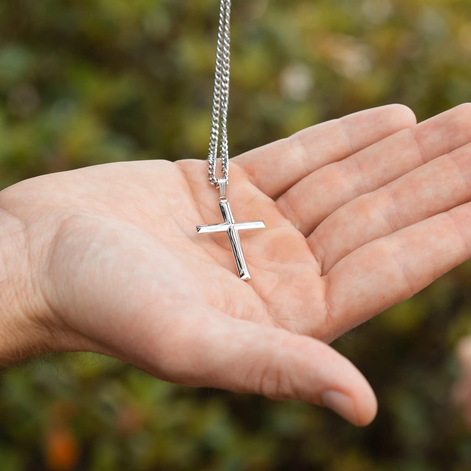 Men's Sterling Silver Catholic Cross Pendant Necklace, Masculine And Rugged 925 Sterling Silver Beveled Edge Cross Pendant, 24 " (Inch) Stainless Steel Curb Chain Necklace With A Spring Ring Clasp