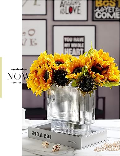 Miniatura 4 de Vidrio transparente, jarrón vertical acanalado de cuello ancho, jarrón decorativo central, decoración moderna del hogar, adecuado para bodas, mesas