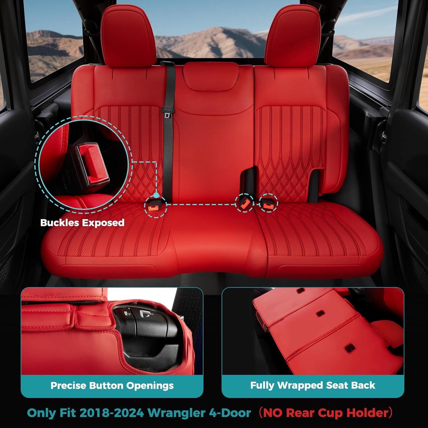 for Jeep Wrangler Seat Covers 4 Door JL 2026 2025 2024 2023 2022 2021 2020 2019 2018 Custom Seat Cover Full Set Faux Leather Without Rear Cup Holder - Red