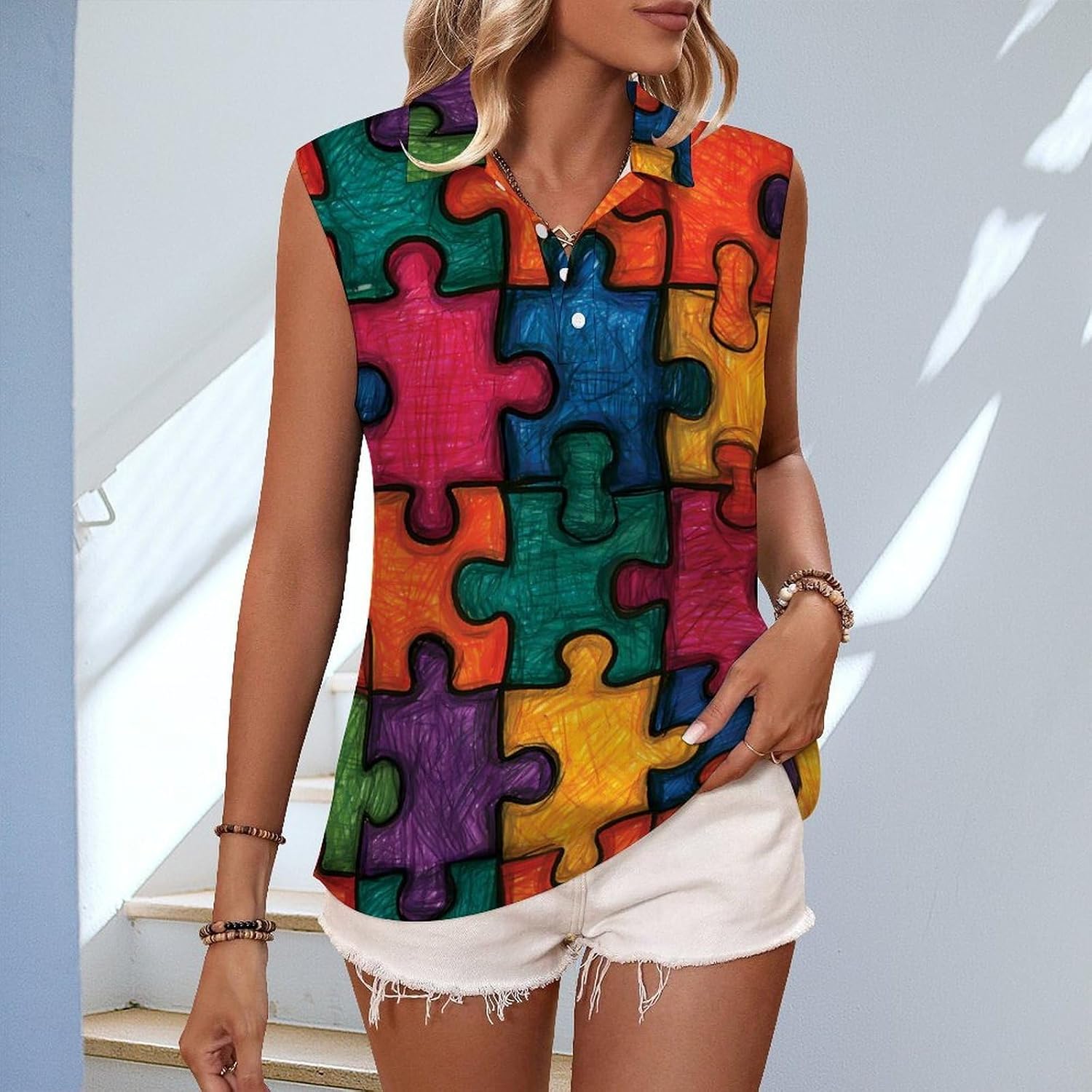 Colorful Puzzle Pieces Women Sleeveless Collared Golf Polo Shirt | V Neck Tank Top,Breathable Tennis Shirts